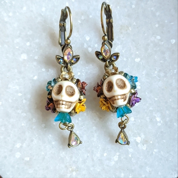 Sugar Skull Flower Sparkly Dangle Earrings - Picture 6 of 9